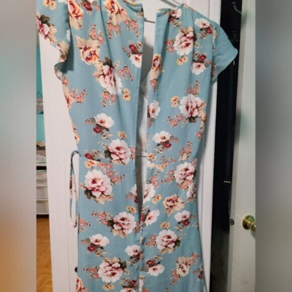 Lord & Taylor Blue Floral Wrap Side Tie Flutter Ruffle Cap Sleeve Mini Dress XS - Picture 4 of 16